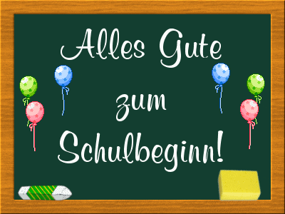 Grünes Schulanfang-Bild mit Schultafel, Luftballons, Kreide und Schwamm zur Begrüßung des Schulbeginns.