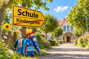 Ein Wegweiser mit "Schule Kindergarten" steht neben einem Ranzen und einer Schultüte; "Kindergarten" ist durchgestrichen.
