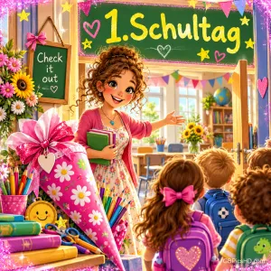 Eine Lehrerin begrüßt Kinder an der Klassenzimmertür unter "1. Schultag"; ein kleines Schild trägt "Check it out".