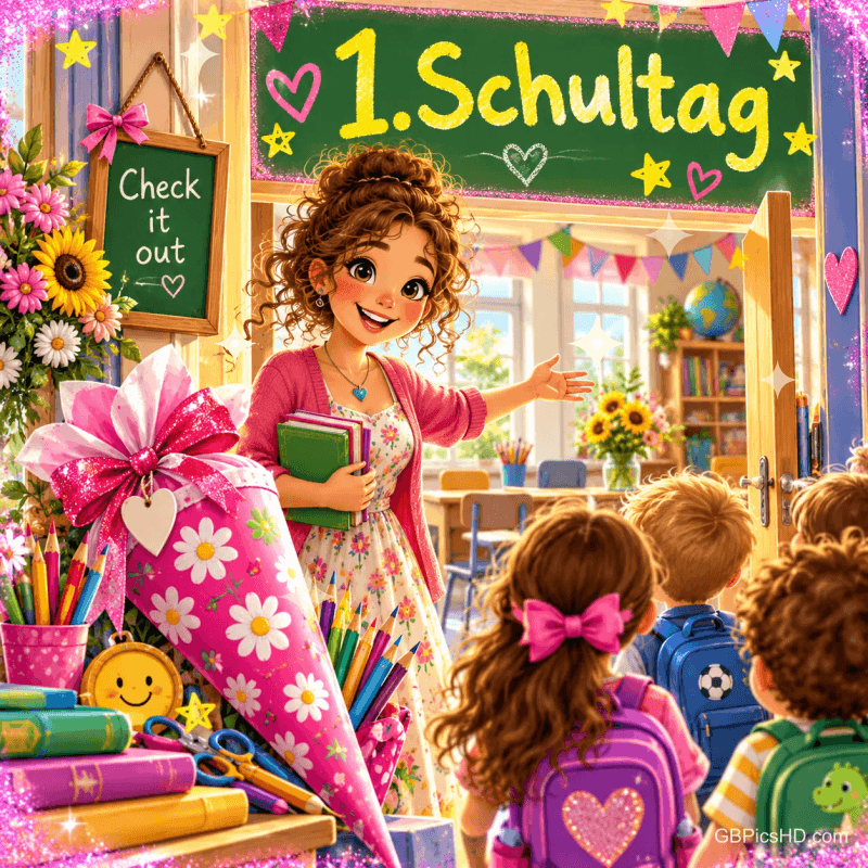 Eine Lehrerin begrüßt Kinder an der Klassenzimmertür unter "1. Schultag"; ein kleines Schild trägt "Check it out".