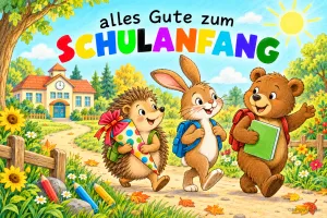 Igel, Hase und Bär gehen mit Schultüte, Ranzen und Buch zur Schule unter dem Gruß "Alles Gute zum Schulanfang".
