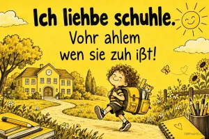 Ein Kind hüpft mit einem gelben Ranzen vor einer Schule unter dem Spruch "Ich liebe Schule. Vor allem, wenn sie zu ist!".