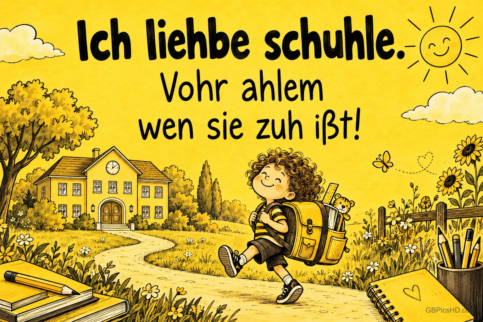 Ein Kind hüpft mit einem gelben Ranzen vor einer Schule unter dem Spruch "Ich liebe Schule. Vor allem, wenn sie zu ist!".