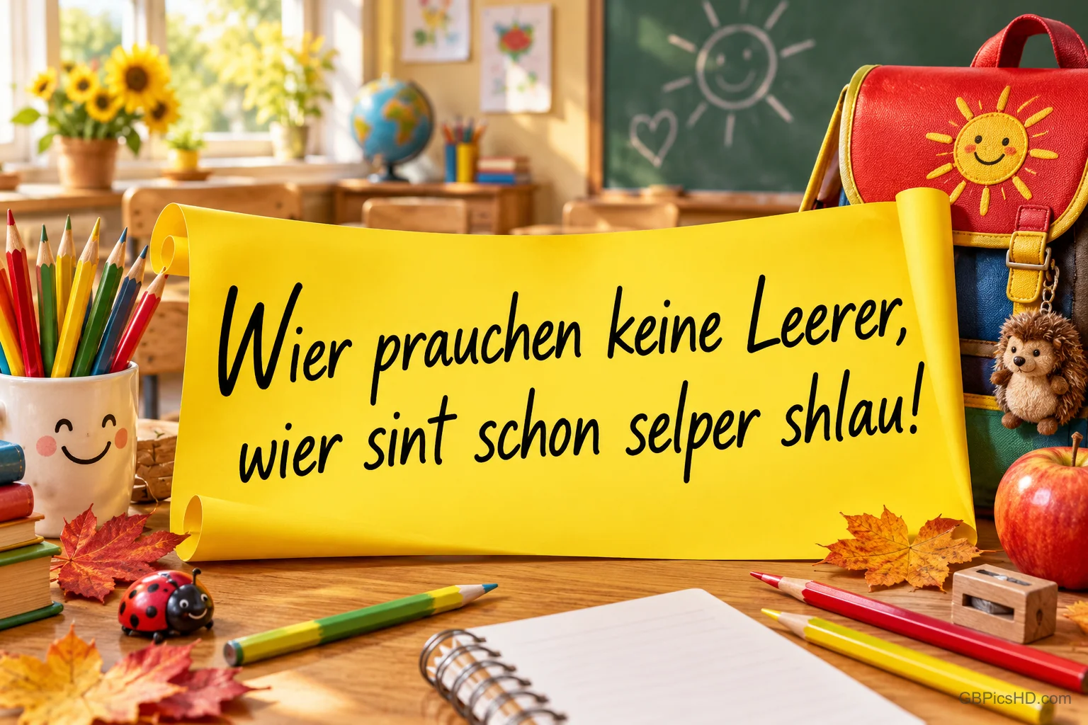 Auf einem gelben Blatt zwischen Stiften und Schulranzen steht "Wir brauchen keine Lehrer, wir sind schon selber schlau!".