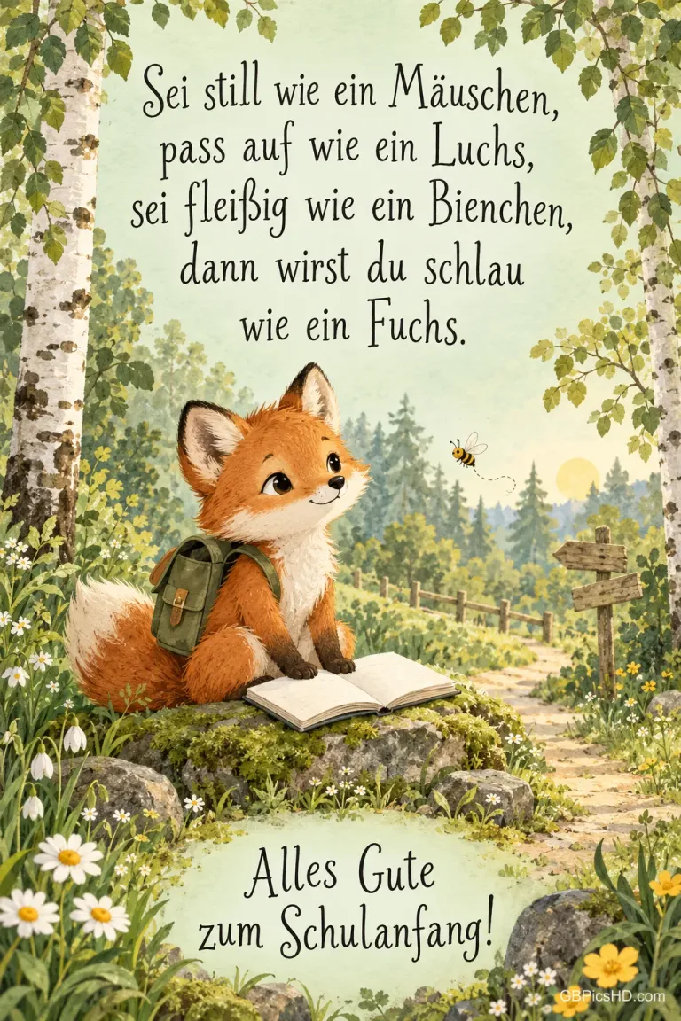Ein kleiner Fuchs mit Rucksack sitzt vor einem offenen Buch im Wald; darunter steht "Alles Gute zum Schulanfang!".