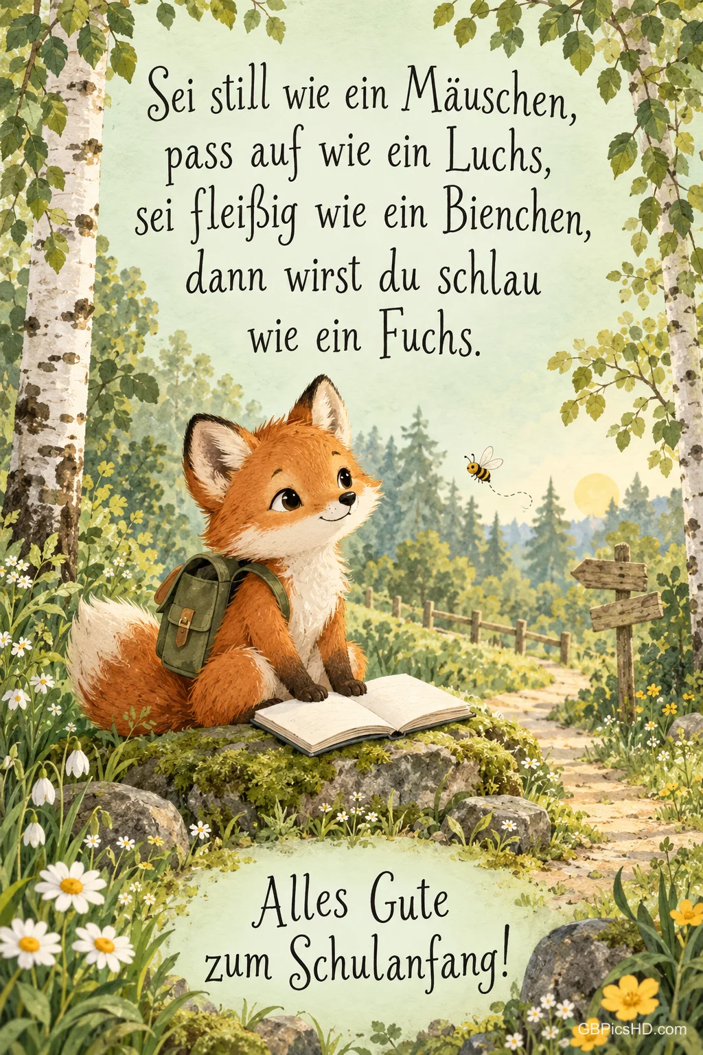 Ein kleiner Fuchs mit Rucksack sitzt vor einem offenen Buch im Wald; darunter steht "Alles Gute zum Schulanfang!".