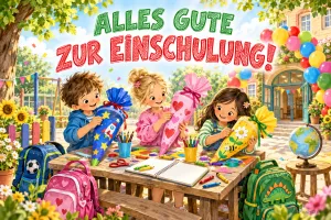 Drei Kinder mit bunten Schultüten sitzen an einem Tisch vor der Schule unter dem Gruß "Alles Gute zur Einschulung!".