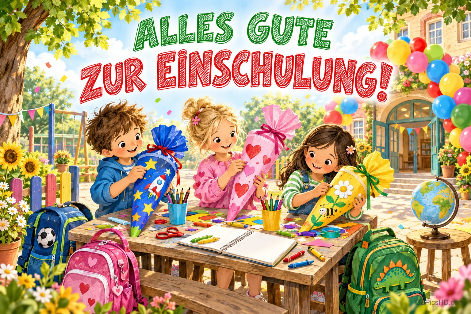 Drei Kinder mit bunten Schultüten sitzen an einem Tisch vor der Schule unter dem Gruß "Alles Gute zur Einschulung!".