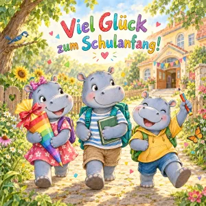 Drei Nilpferdkinder mit Rucksäcken, Schultüte, Buch und Stiften gehen zur Schule; oben steht "Viel Glück zum Schulanfang!".