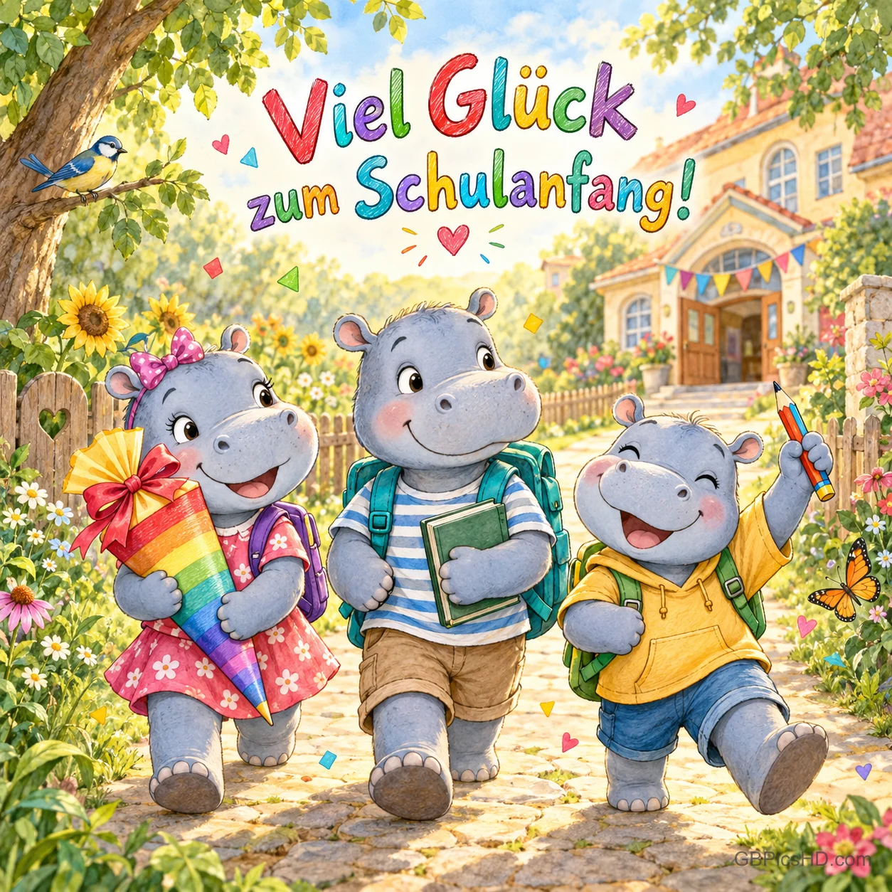 Drei Nilpferdkinder mit Rucksäcken, Schultüte, Buch und Stiften gehen zur Schule; oben steht "Viel Glück zum Schulanfang!".