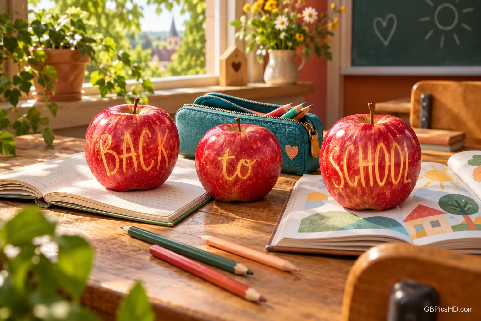 Drei rote Äpfel tragen die Wörter "BACK to SCHOOL" auf einem Schultisch mit Büchern, Stiften und einem Mäppchen.