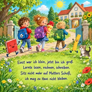 Drei Kinder gehen mit Rucksäcken zur Schule, begleitet von einem lachenden Buch und Lineal; unten steht "Einst war ich klein, jetzt bin ich groß.".