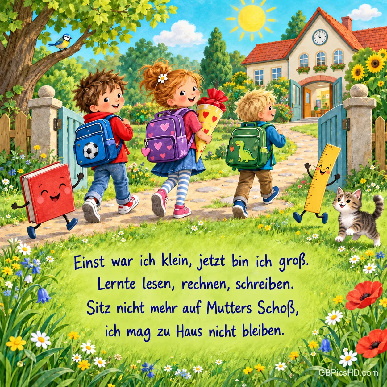 Drei Kinder gehen mit Rucksäcken zur Schule, begleitet von einem lachenden Buch und Lineal; unten steht "Einst war ich klein, jetzt bin ich groß.".