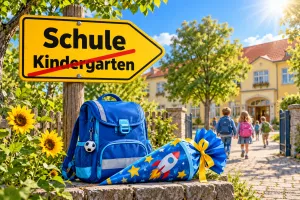 Ein gelbes Schild zeigt "Schule" und das durchgestrichene Wort "Kindergarten"; darunter liegen ein blauer Rucksack und eine Schultüte.