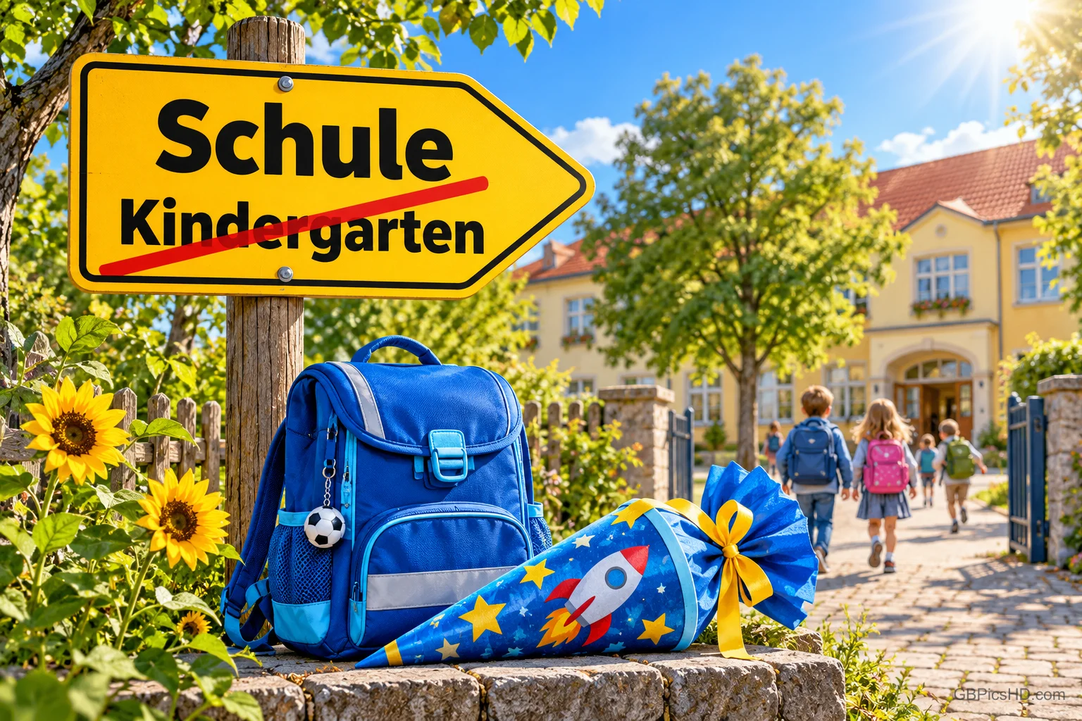 Ein gelbes Schild zeigt "Schule" und das durchgestrichene Wort "Kindergarten"; darunter liegen ein blauer Rucksack und eine Schultüte.