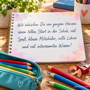 Auf einem Tisch liegt ein Notizbuch mit "Wir wünschen Dir von ganzem Herzen", umgeben von Buntstiften, einem Mäppchen und einem Spitzer.