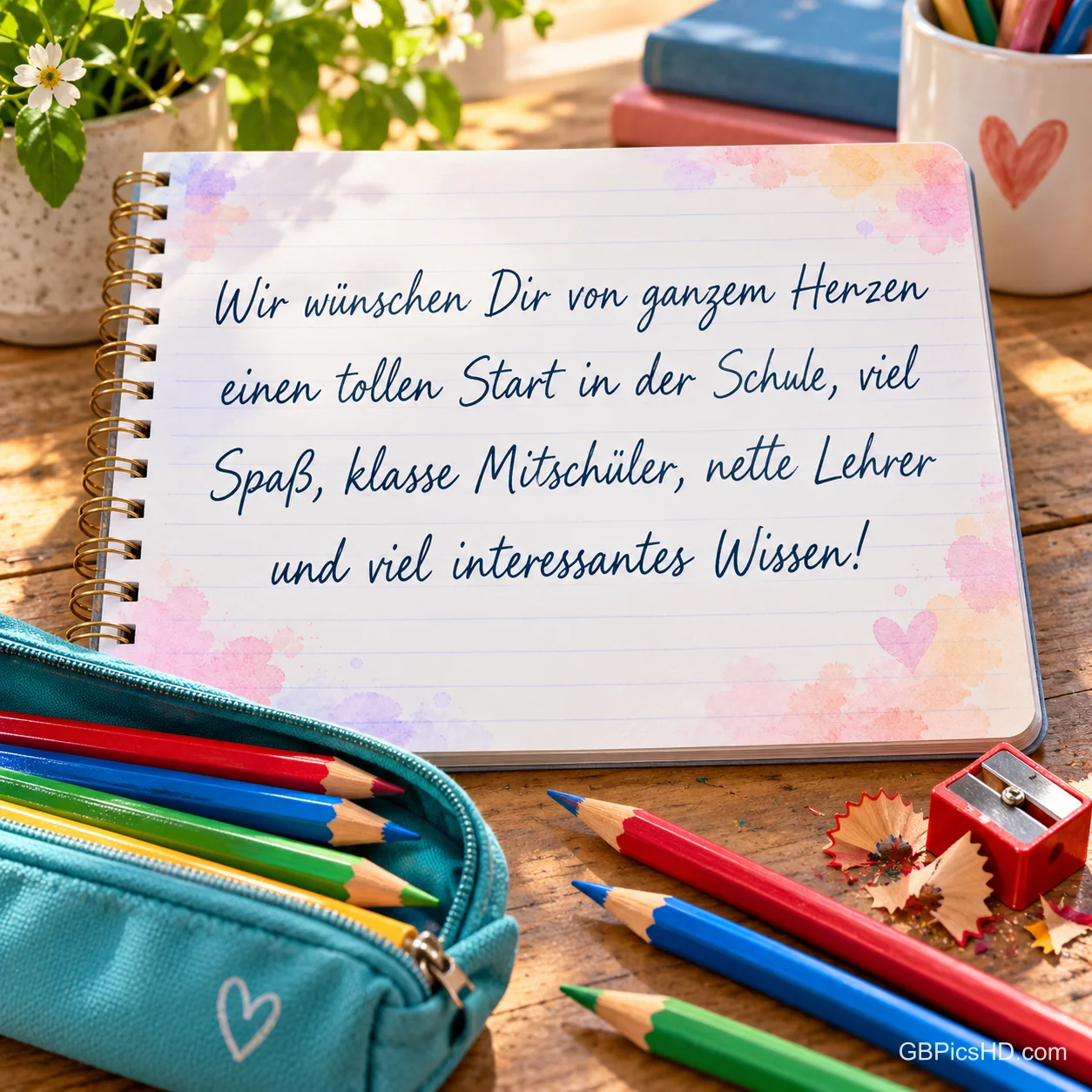 Auf einem Tisch liegt ein Notizbuch mit "Wir wünschen Dir von ganzem Herzen", umgeben von Buntstiften, einem Mäppchen und einem Spitzer.