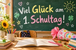 Auf einer Tafel steht "Viel Glück am 1. Schultag!"; davor liegen ein offenes Buch, Stifte und eine rosa Schultüte.