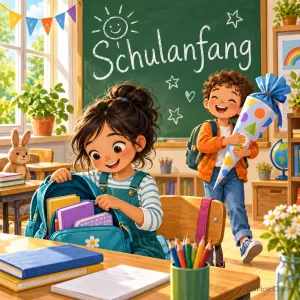 Ein Mädchen packt seinen Schulranzen, ein Junge hält eine Schultüte vor der Tafel mit "Schulanfang".