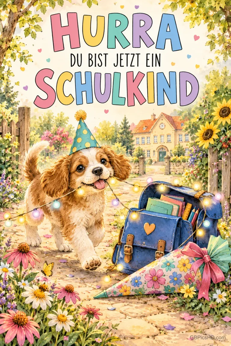 Ein Welpe mit Partyhut steht neben Schulranzen und Schultüte im Blumengarten unter "HURRA DU BIST JETZT EIN SCHULKIND".