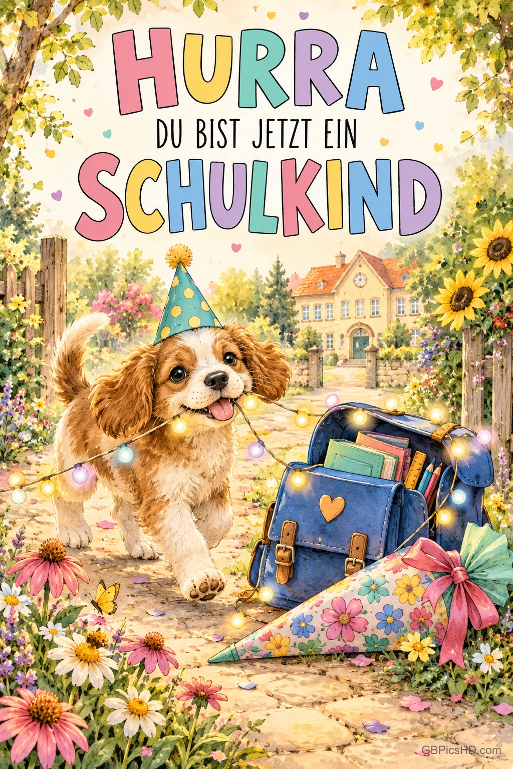 Ein Welpe mit Partyhut steht neben Schulranzen und Schultüte im Blumengarten unter "HURRA DU BIST JETZT EIN SCHULKIND".