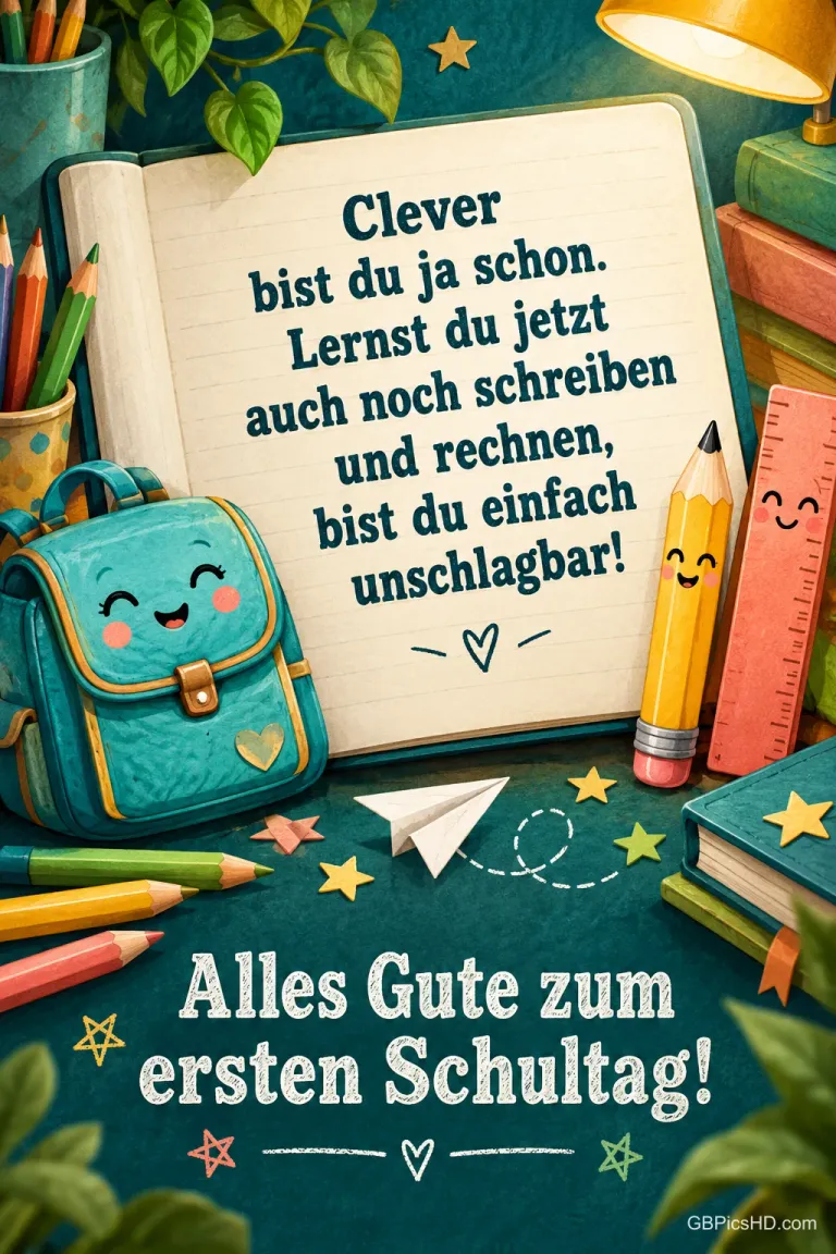 Ein Heft, ein lächelnder Schulranzen, Stift und Lineal stehen über "Alles Gute zum ersten Schultag!".