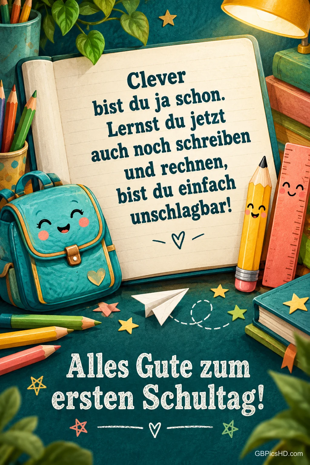 Ein Heft, ein lächelnder Schulranzen, Stift und Lineal stehen über "Alles Gute zum ersten Schultag!".