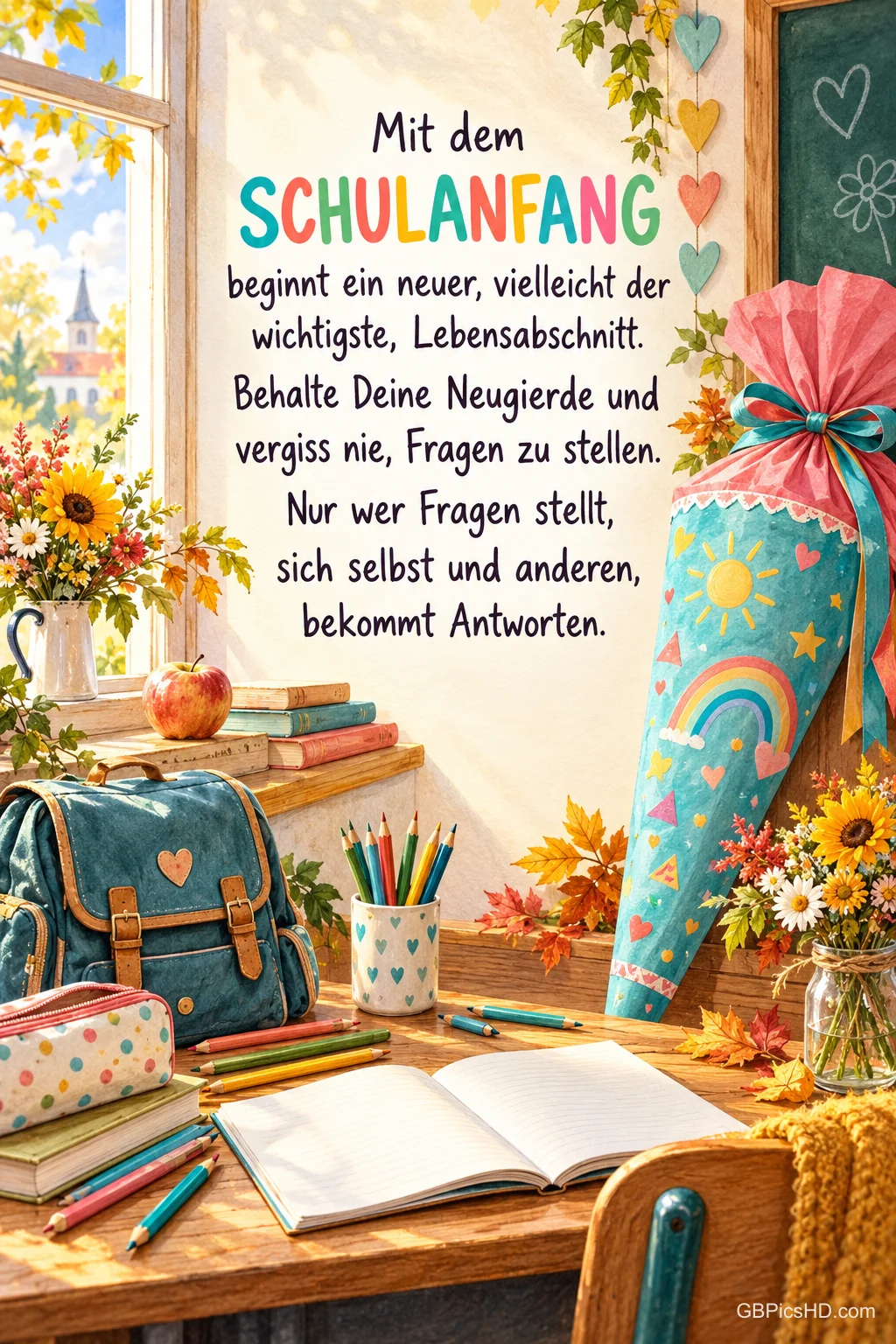 Ranzen und Schultüte am Fenster mit "Mit dem SCHULANFANG beginnt ein neuer, vielleicht der wichtigste, Lebensabschnitt.".