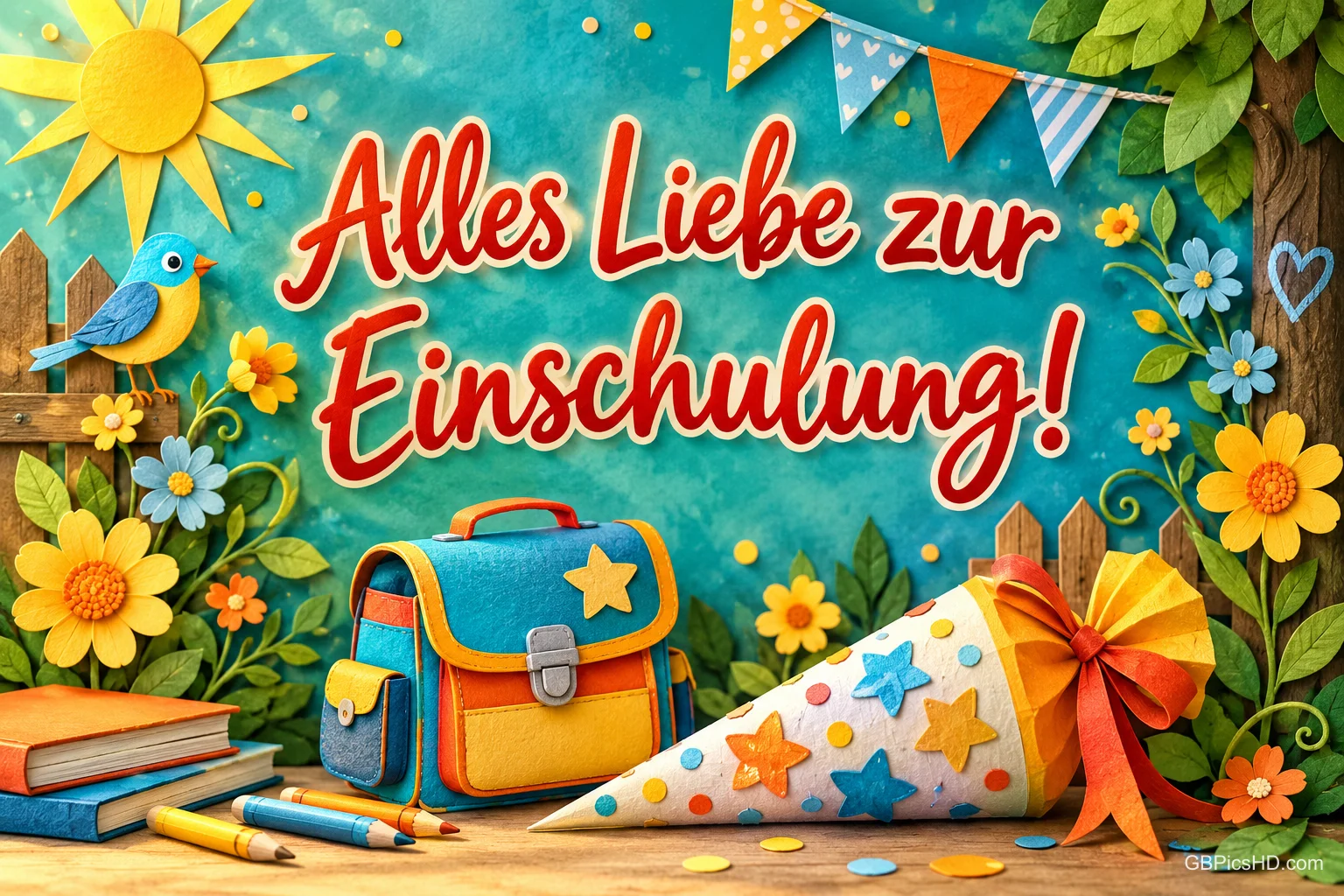Ein bunter Schulranzen und eine Schultüte mit Sternen stehen zwischen Blumen unter "Alles Liebe zur Einschulung!".