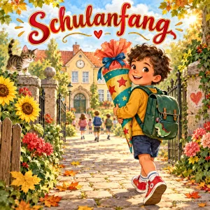 Ein Junge mit Schultüte und Rucksack steht vor einem Schultor unter dem Schriftzug "Schulanfang".