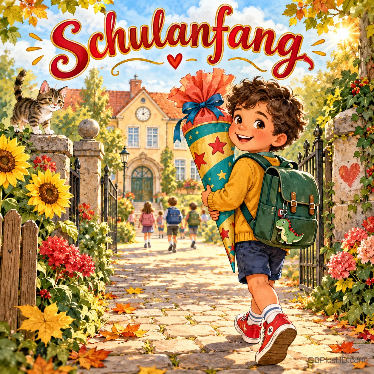 Ein Junge mit Schultüte und Rucksack steht vor einem Schultor unter dem Schriftzug "Schulanfang".