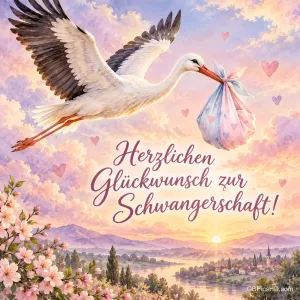 Ein Storch fliegt mit einem Bündel im pastellfarbenen Tuch über einen rosa Sonnenaufgang, dazu der Glückwunsch "Herzlichen Glückwunsch zur Schwangerschaft!".