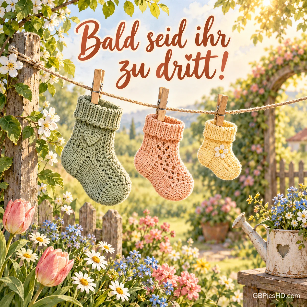 Drei gestrickte Babysöckchen hängen an einer Wäscheleine im blühenden Frühlingsgarten, dazu der Gruß "Bald seid ihr zu dritt!".