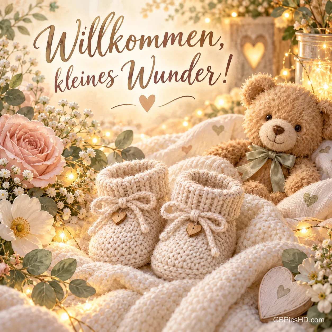 Gestrickte Babyschuhe und ein Teddybär auf einer cremefarbenen Decke mit Lichterkette und Rosen, dazu der Gruß "Willkommen, kleines Wunder!".