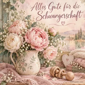Ein Strauß rosa Pfingstrosen in einem Porzellankrug neben einer hölzernen Babyrassel, dazu der Wunsch "Alles Gute für die Schwangerschaft".