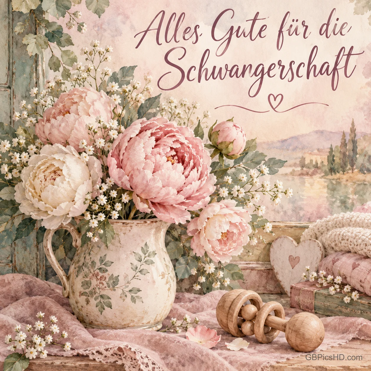 Ein Strauß rosa Pfingstrosen in einem Porzellankrug neben einer hölzernen Babyrassel, dazu der Wunsch "Alles Gute für die Schwangerschaft".