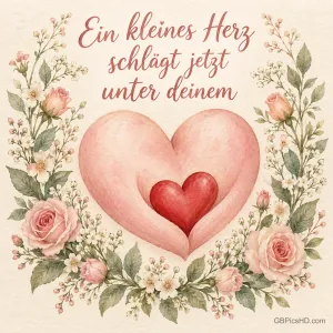 Ein großes rosa Herz hält ein kleines rotes Herz, umrahmt von einem zarten Blumenkranz, dazu der Satz "Ein kleines Herz schlägt jetzt unter deinem".