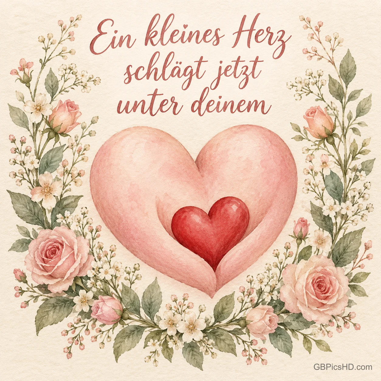 Ein großes rosa Herz hält ein kleines rotes Herz, umrahmt von einem zarten Blumenkranz, dazu der Satz "Ein kleines Herz schlägt jetzt unter deinem".