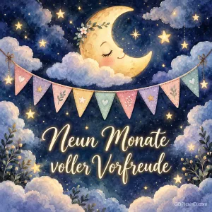 Ein schlafender Mond auf einer Wolke über einer bunten Wimpelkette am Sternenhimmel, dazu der Spruch "Neun Monate voller Vorfreude".