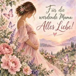 Aquarell einer werdenden Mutter im rosa Kleid zwischen Pfingstrosen und Schmetterlingen, dazu der Gruß "Für die werdende Mama: Alles Liebe!".