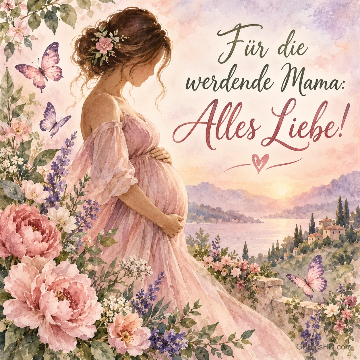 Aquarell einer werdenden Mutter im rosa Kleid zwischen Pfingstrosen und Schmetterlingen, dazu der Gruß "Für die werdende Mama: Alles Liebe!".