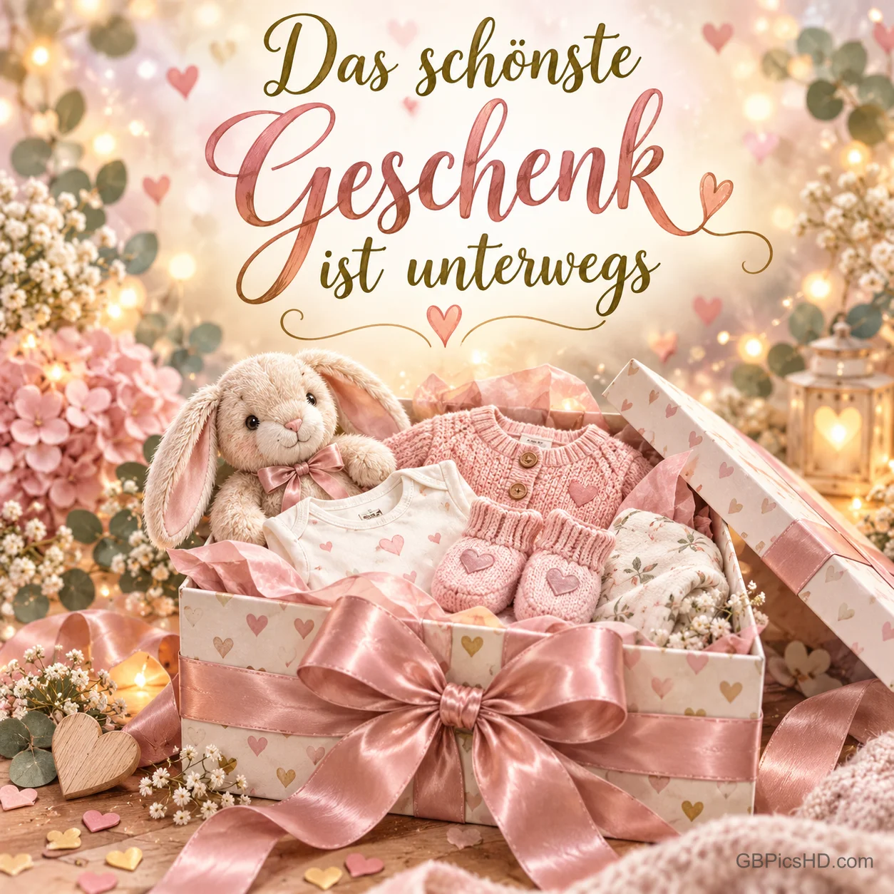 Eine Geschenkbox mit Satinschleife voller Babykleidung und einem Plüschhasen, dazu der Spruch "Das schönste Geschenk ist unterwegs".
