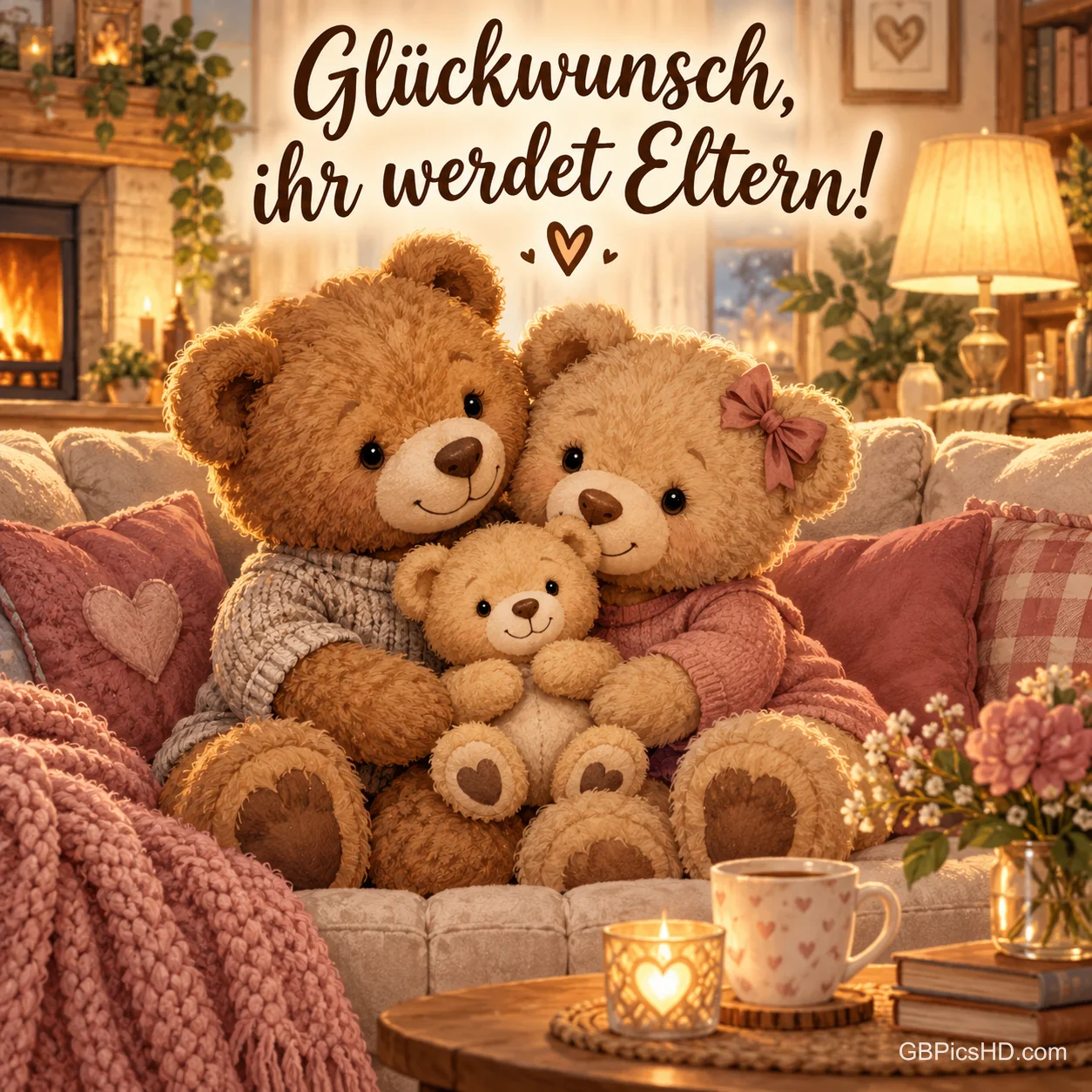 Eine Teddybär-Familie mit kleinem Bärchen kuschelt auf einem Sofa vor dem Kamin, dazu der Glückwunsch "Glückwunsch, ihr werdet Eltern!".