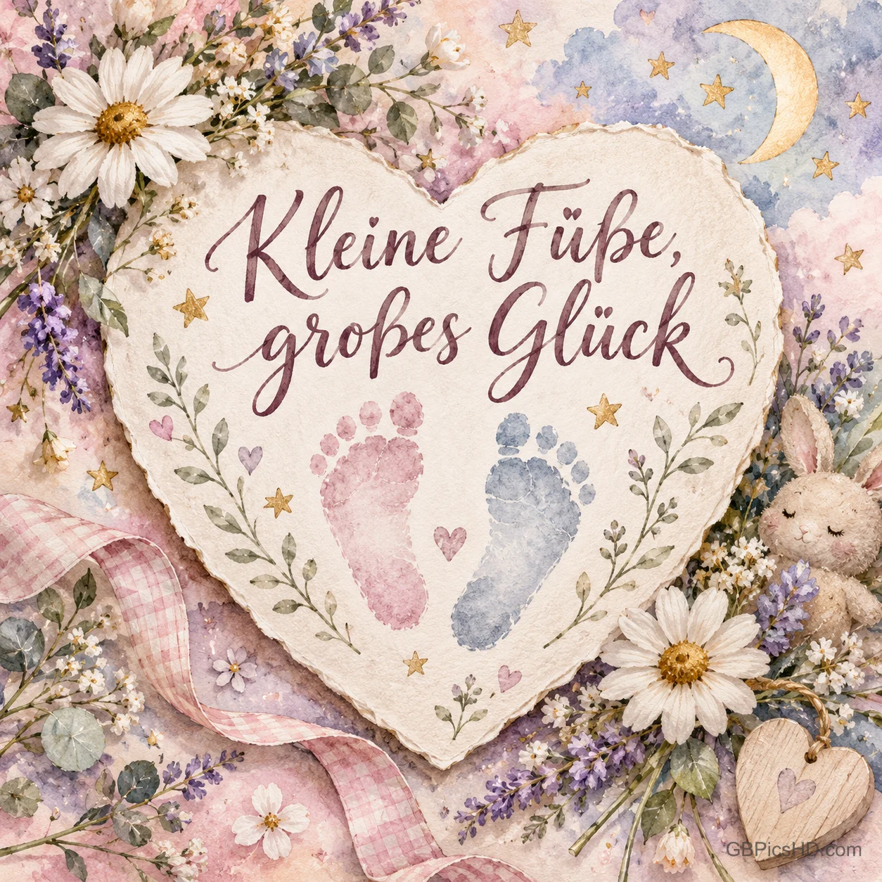 Rosa und blaue Babyfußabdrücke auf einer Herzkarte mit Gänseblümchen und Lavendel, dazu der Spruch "Kleine Füße, großes Glück".