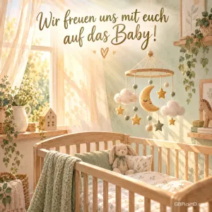 Ein Mobile mit Filzwolken, Mond und Sternen über einem Babybett im sonnigen Kinderzimmer, dazu der Gruß "Wir freuen uns mit euch auf das Baby!".