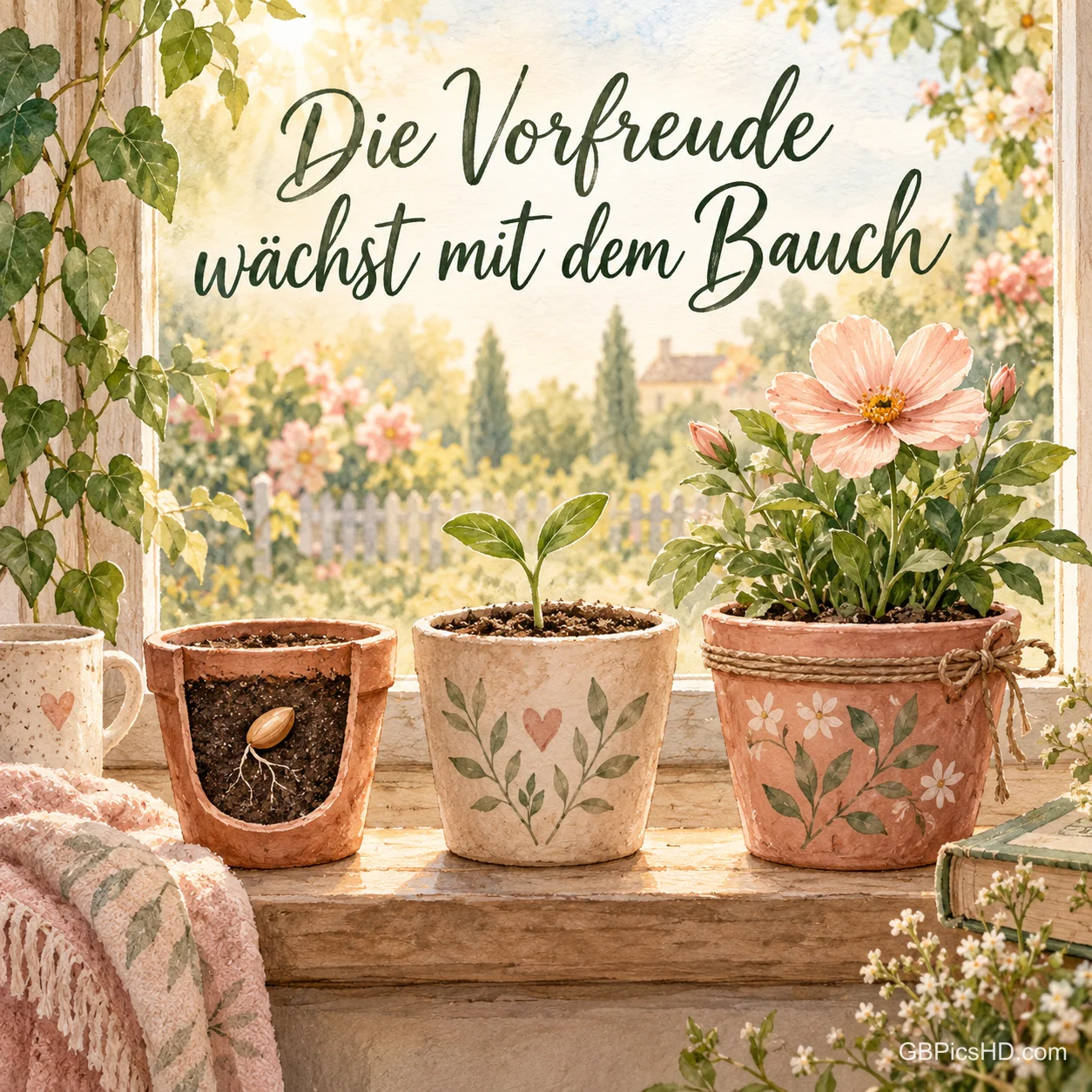 Drei Blumentöpfe auf der Fensterbank zeigen Samen, Keimling und blühende Blume, dazu der Spruch "Die Vorfreude wächst mit dem Bauch".