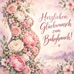 Die Silhouette eines Babybauchs aus rosa und weißen Blüten vor einer Pastelllandschaft, dazu der Glückwunsch "Herzlichen Glückwunsch zum Babybauch!".
