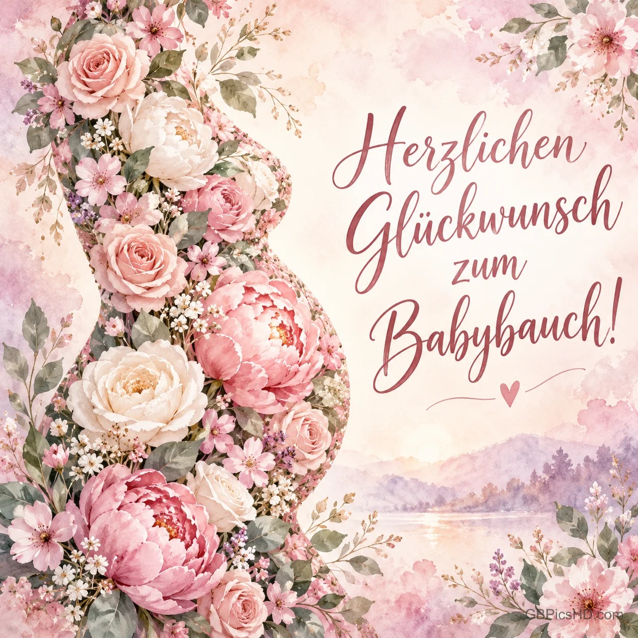Die Silhouette eines Babybauchs aus rosa und weißen Blüten vor einer Pastelllandschaft, dazu der Glückwunsch "Herzlichen Glückwunsch zum Babybauch!".