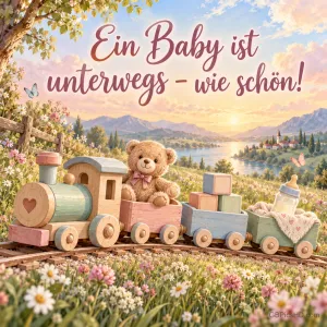 Eine hölzerne Spielzeugeisenbahn mit Teddy, Bauklötzen und Fläschchen fährt durch eine Blumenwiese, dazu der Spruch "Ein Baby ist unterwegs – wie schön!".