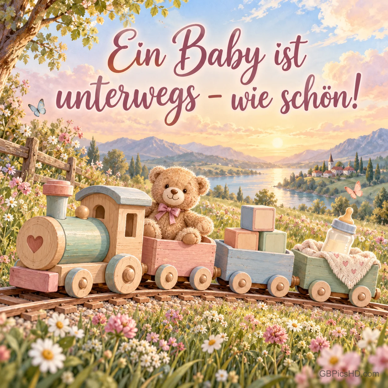 Eine hölzerne Spielzeugeisenbahn mit Teddy, Bauklötzen und Fläschchen fährt durch eine Blumenwiese, dazu der Spruch "Ein Baby ist unterwegs – wie schön!".